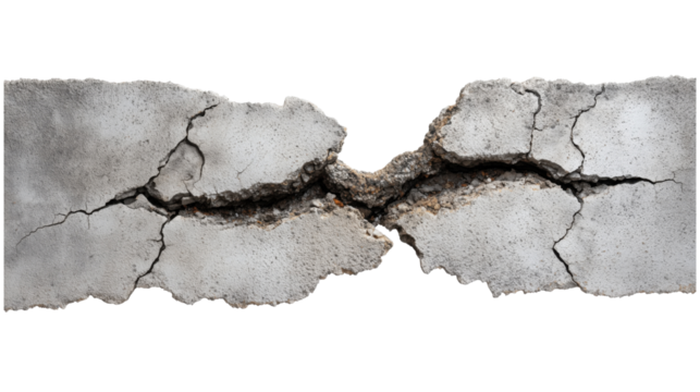 Cracked concrete slab with rough edges and deep fissures isolated on a transparent background broken