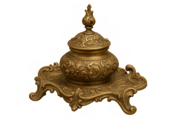 Golden inkwell with ornate floral design and matching stand, isolated on a transparent background, evokes a sense of history and elegance