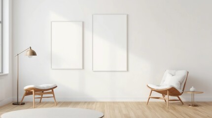 Blank poster mock up with black frame on the wall in living room interior 