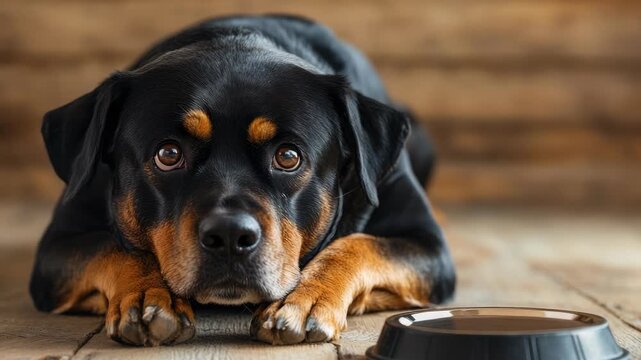 Rottweiler dog laying on wooden floor next to empty bowl