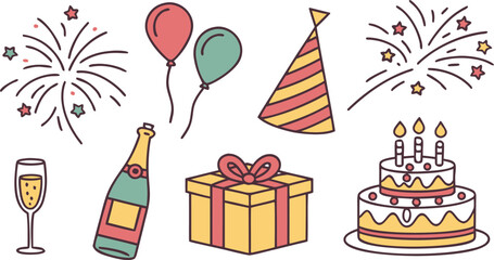 Celebratory party elements vector graphic design including balloons gift champagne fireworks cake and birthday hat isolated on white background