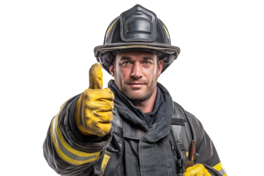 Firefighter in protective gear giving a thumbs up gesture isolated on a transparent background male uniform 1