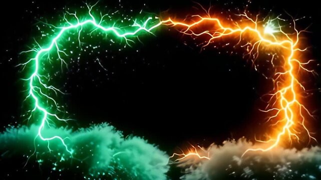 shimmering emerald common and impassioned orangeness salvo of beam burst roughly the peaky boom perimeter shot stimulate of lightning bolts, with vibrant ripple and discriminating spark