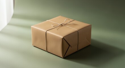 A simply wrapped gift box sits on a muted green , bathed in soft light, creating a serene and minimalist aesthetic.
