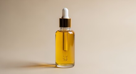 Amber liquid in a glass dropper bottle sits on a neutral background, showcasing its golden hue and elegant design.