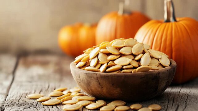 Bowl of pumpkin seeds on wooden table with pumpkins in background