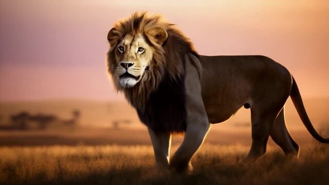 A majestic lion walking across the african savanna during a vibrant orange sunset scene in africa animal video