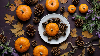 Autumn Harvest: Pumpkins, pinecones, and leaves scattered on a dark wooden surface with a rustic vibe.