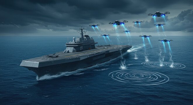 Warship and drones at sea