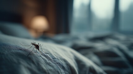 Mosquito lurking on bedsheets creating anxiety and unease for a sleepless night filled with itchy bites