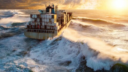 Obraz premium Massive cargo vessel navigating ocean waves under golden sunset, showcasing stacked containers in maritime setting. 