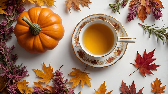 Cozy fall scene with pumpkin and tea, perfect for autumnal vibes and serene moments. Enjoy the season's warmth.