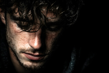 dark young adult man portrait fade in black background
