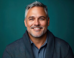 Fototapeta premium Smiling mature man with gray hair and beard wearing a dark jacket and blue shirt against a teal background, expressing warmth and confidence