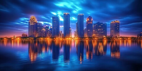 Vibrant city skyline at dusk with illuminated skyscrapers reflecting on calm water under dramatic cloudy blue sky