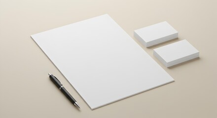 Corporate Stationery Mockup: A4 Paper, Business Cards, and Black Pen on Beige