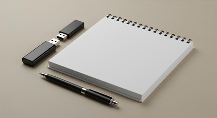Spiral Notebook Mockup with Two USB Flash Drives and Pen for Digital Branding