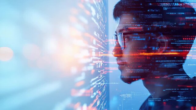 Side profile of Asian man with glasses, digital code overlay