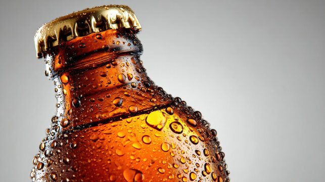 Frosty Beer Bottle With Water Droplets Against a Neutral Background Near the Top Right Corner - Powered by Adobe
