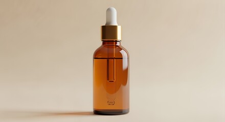 Amber glass dropper bottle filled with a golden liquid sits on a neutral background, showcasing its elegant design and minimalist aesthetic.