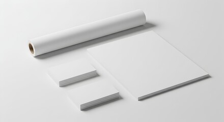 Blank White Paper Roll Mockup with A4 Paper and Business Cards