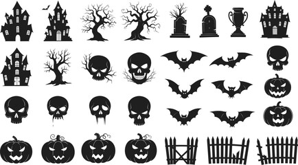 A cartoon vector set of spooky Halloween icons with pumpkins, bats, ghosts, and witches' hats, perfect for an autumn holiday celebration illustration