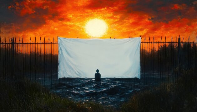 Silhouette of a person standing in dark water behind a large white sheet hung on a spiked iron fence during a fiery sunset with dramatic orange and red sky - Powered by Adobe