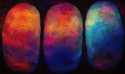 Three large fingerprints side by side with vibrant gradient colors transitioning from warm reds and oranges to cool blues and purples, creating a visually striking and mysterious effect