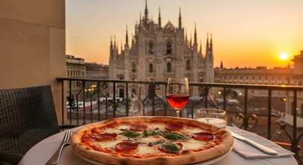 Obraz premium Milanese Pizza Paradise: A delectable pizza and a glass of rose wine sit gracefully on a balcony overlooking the magnificent Duomo di Milano, bathed in the warm light of sunset.