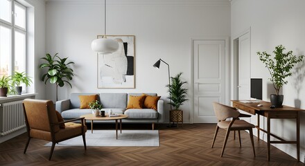 Fototapeta premium Warm and Inviting Living Space with Brown Armchair and Minimalist Decor