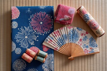 和室に置かれた扇子と和小物（和雑貨・背景・壁紙・コピースペース）