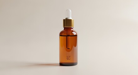 Amber glass dropper bottle filled with a golden brown liquid sits on a neutral background, showcasing its elegant design and minimalist aesthetic.