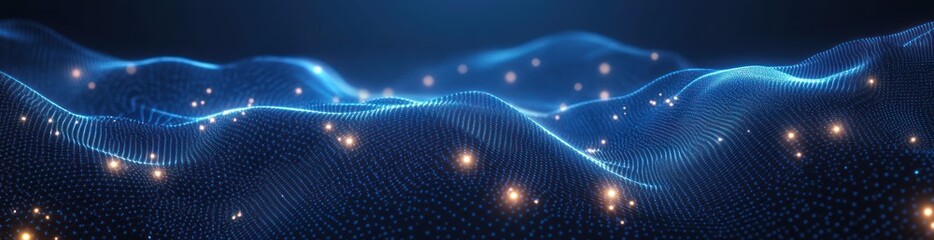 Abstract digital landscape of glowing blue particle waves with bright orange light points creating a sense of depth and futuristic energy