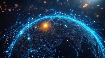 Digital representation of Earth with glowing interconnected network lines and nodes across continents in a dark space with scattered light dots and highlights