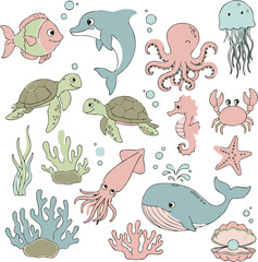 Cute cartoon illustration of various ocean creatures and marine life, including fish, dolphins, turtles, octopuses, jellyfish, seahorses, crabs, starfish, sq...