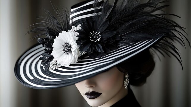 elegant woman with dark lipstick wearing a large black and white striped hat adorned with black and white flowers and black feathers, showcasing vintage glamour and mystery