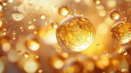 Close-up view of multiple golden transparent bubbles floating in a warm glowing liquid environment creating a sparkling and bright atmosphere