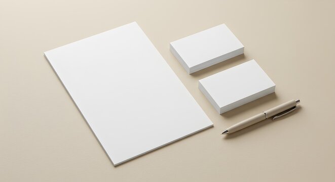 A4 Paper Mockup with Business Cards and Pen for Corporate Stationery Branding