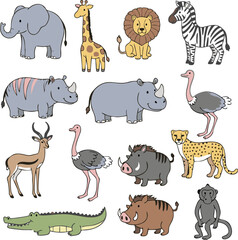 A collection of cartoon African animals, each depicted in a simple, illustrative style.