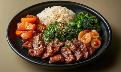 plate with sliced grilled beef, white rice topped with sesame seeds, cooked carrots, steamed broccoli and green beans, scallions, and sautéed garlic cloves with a spicy sauce