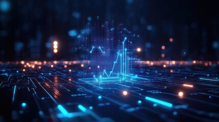 Futuristic digital cityscape with glowing blue circuit-like structures and data graphs floating in a dark space filled with scattered orange lights