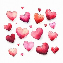 Obraz premium Hand-painted watercolor collection of various sized and shaded pink and red hearts on white background expressing love and affection