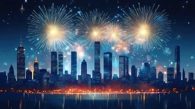 Nighttime city skyline illuminated by vibrant fireworks lighting up the sky above modern skyscrapers with reflections on calm water below - Powered by Adobe