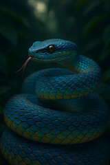 Fototapeta premium Coiled Blue Viper snake in Jungle