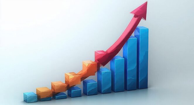 Colorful 3D bar chart with ascending blue and orange bars and a red upward trending arrow indicating growth and progress - Powered by Adobe