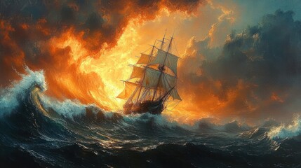 Obraz premium Tall sailing ship navigating through stormy seas with large waves under a fiery orange and yellow dramatic sky
