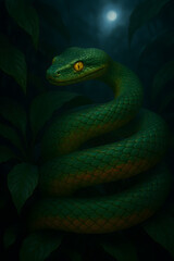 Fototapeta premium Green Python snake under Moonlight