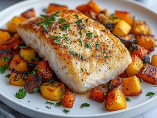 Grilled white fish fillet seasoned with herbs served on a plate with roasted mixed root vegetables garnished with fresh parsley
