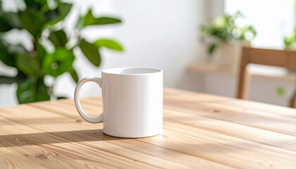 White Coffee Mug on a Wooden Table with Plants in the Background