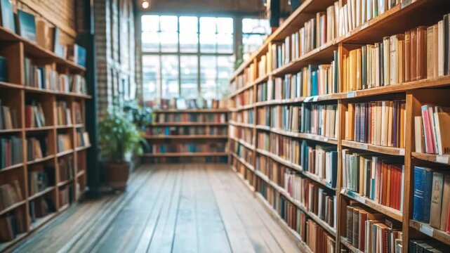 Cozy library with wooden floors, shelves of books, and large windows